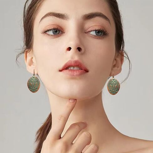 Unique Bohemian Vintage Bronze Totem Geometric Dangle Drop Earrings Personalized Boho Ethnic Oval Carved Lever Back Earrings for Women Jewelry Gifts in Saudi Arabia