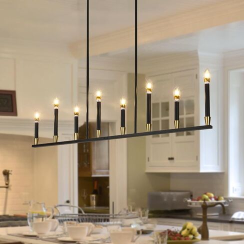 Black Chandelier Modern Farmhouse Chandeliers for Dining Room 8 Lights Candle Chandeliers Rectangular Linear Chandelier for Kitchen Island Lighting Dining Room Light Fixtures Over Table in Saudi Arabia