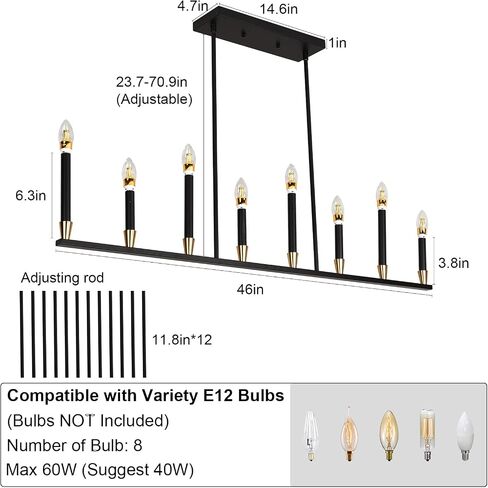 Black Chandelier Modern Farmhouse Chandeliers for Dining Room 8 Lights Candle Chandeliers Rectangular Linear Chandelier for Kitchen Island Lighting Dining Room Light Fixtures Over Table in Saudi Arabia