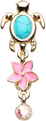 Pierced Owl Golden Hawaiian Sea Turtle and Plumeria Flower Dangle Belly Button Navel Ring in Saudi Arabia