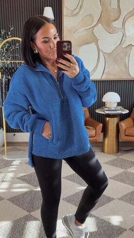 Yeokou المرأة سترة الصوف معطف شيربا اصطف نصف البريدي البلوز الخريف الشتاء غامض كم طويل البلوز وتتسابق مع جيوب in Kuwait