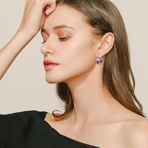 Birthstone Earrings for Women 925 Sterling Silver Rectangle Gemstone Leverback Earrings Jewelry Gifts in Kuwait