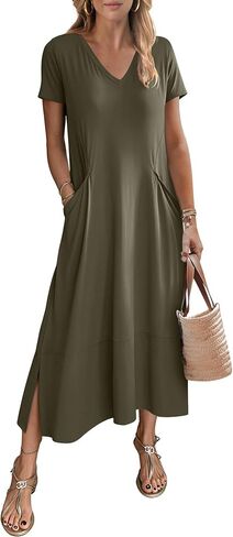 ANRABESS Women's Summer Casual Short Sleeve Long T Shirts Maxi Dresses V Neck Split 2025 Beach Vacation Dress with Pockets in Saudi Arabia