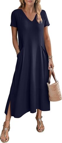 ANRABESS Women's Summer Casual Short Sleeve Long T Shirts Maxi Dresses V Neck Split 2025 Beach Vacation Dress with Pockets in Saudi Arabia