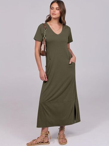 ANRABESS Women's Summer Casual Short Sleeve Long T Shirts Maxi Dresses V Neck Split 2025 Beach Vacation Dress with Pockets in Saudi Arabia