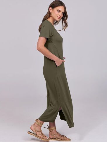 ANRABESS Women's Summer Casual Short Sleeve Long T Shirts Maxi Dresses V Neck Split 2025 Beach Vacation Dress with Pockets in Saudi Arabia