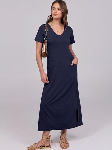 ANRABESS Women's Summer Casual Short Sleeve Long T Shirts Maxi Dresses V Neck Split 2025 Beach Vacation Dress with Pockets in Saudi Arabia