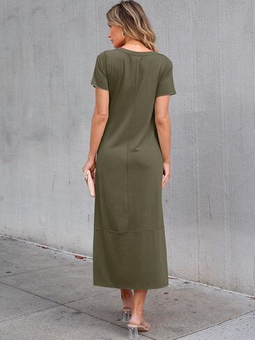 ANRABESS Women's Summer Casual Short Sleeve Long T Shirts Maxi Dresses V Neck Split 2025 Beach Vacation Dress with Pockets in Saudi Arabia