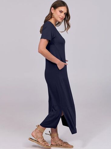 ANRABESS Women's Summer Casual Short Sleeve Long T Shirts Maxi Dresses V Neck Split 2025 Beach Vacation Dress with Pockets in Saudi Arabia
