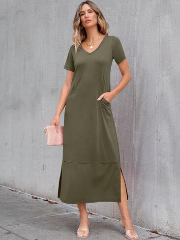 ANRABESS Women's Summer Casual Short Sleeve Long T Shirts Maxi Dresses V Neck Split 2025 Beach Vacation Dress with Pockets in Saudi Arabia