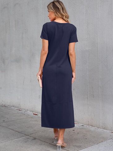 ANRABESS Women's Summer Casual Short Sleeve Long T Shirts Maxi Dresses V Neck Split 2025 Beach Vacation Dress with Pockets in Saudi Arabia