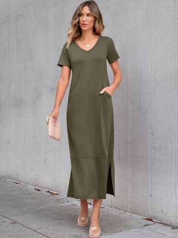 ANRABESS Women's Summer Casual Short Sleeve Long T Shirts Maxi Dresses V Neck Split 2025 Beach Vacation Dress with Pockets in Saudi Arabia