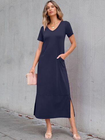 ANRABESS Women's Summer Casual Short Sleeve Long T Shirts Maxi Dresses V Neck Split 2025 Beach Vacation Dress with Pockets in Saudi Arabia