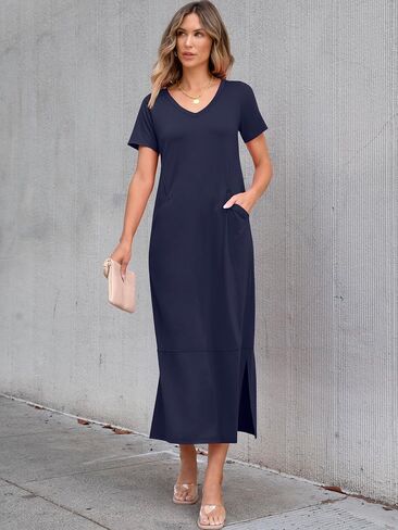 ANRABESS Women's Summer Casual Short Sleeve Long T Shirts Maxi Dresses V Neck Split 2025 Beach Vacation Dress with Pockets in Saudi Arabia