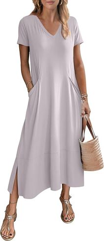 ANRABESS المرأة الصيف عادية كم قصير تي شيرت طويل تي شيرت فساتين ماكسي الخامس الرقبة سبليت 2025 فستان عطلة الشاطئ مع جيوب in Kuwait