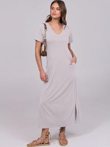 ANRABESS المرأة الصيف عادية كم قصير تي شيرت طويل تي شيرت فساتين ماكسي الخامس الرقبة سبليت 2025 فستان عطلة الشاطئ مع جيوب in Kuwait