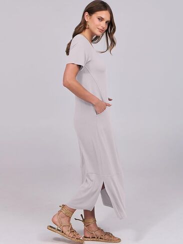 ANRABESS المرأة الصيف عادية كم قصير تي شيرت طويل تي شيرت فساتين ماكسي الخامس الرقبة سبليت 2025 فستان عطلة الشاطئ مع جيوب in Kuwait