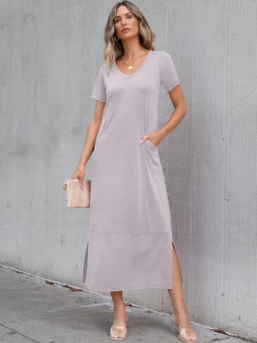 ANRABESS المرأة الصيف عادية كم قصير تي شيرت طويل تي شيرت فساتين ماكسي الخامس الرقبة سبليت 2025 فستان عطلة الشاطئ مع جيوب in Kuwait