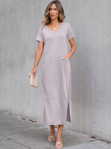 ANRABESS المرأة الصيف عادية كم قصير تي شيرت طويل تي شيرت فساتين ماكسي الخامس الرقبة سبليت 2025 فستان عطلة الشاطئ مع جيوب in Kuwait