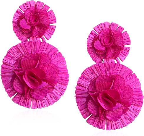 Raffia Flower Earrings Raffia Straw Wrapped Hot Pink Flower Drop Dangle Earrings Summer Tropical Beach Jewelry in Kuwait