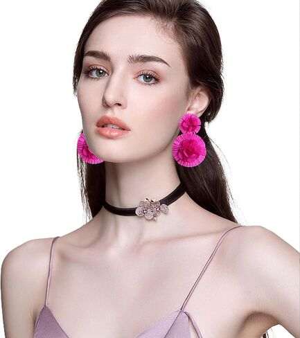 Raffia Flower Earrings Raffia Straw Wrapped Hot Pink Flower Drop Dangle Earrings Summer Tropical Beach Jewelry in Kuwait