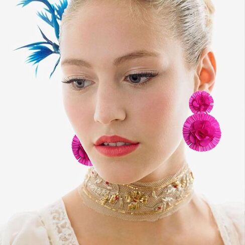 Raffia Flower Earrings Raffia Straw Wrapped Hot Pink Flower Drop Dangle Earrings Summer Tropical Beach Jewelry in Kuwait
