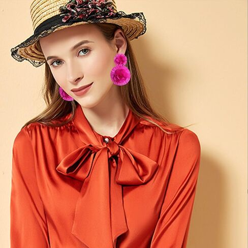 Raffia Flower Earrings Raffia Straw Wrapped Hot Pink Flower Drop Dangle Earrings Summer Tropical Beach Jewelry in Kuwait
