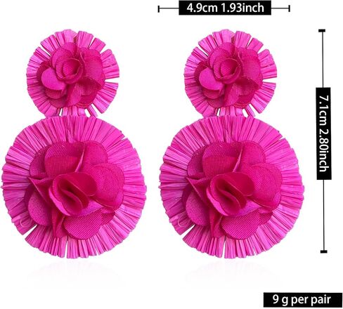 Raffia Flower Earrings Raffia Straw Wrapped Hot Pink Flower Drop Dangle Earrings Summer Tropical Beach Jewelry in Kuwait