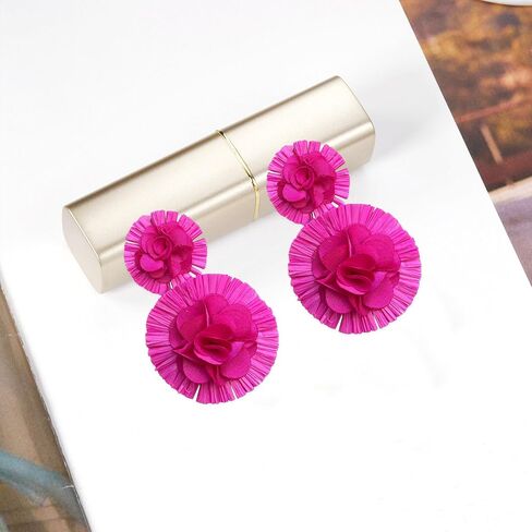 Raffia Flower Earrings Raffia Straw Wrapped Hot Pink Flower Drop Dangle Earrings Summer Tropical Beach Jewelry in Kuwait