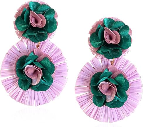 Raffia Flower Earrings Raffia Straw Wrapped Hot Pink Flower Drop Dangle Earrings Summer Tropical Beach Jewelry in Kuwait