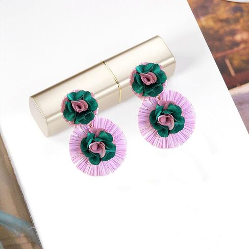 Raffia Flower Earrings Raffia Straw Wrapped Hot Pink Flower Drop Dangle Earrings Summer Tropical Beach Jewelry in Kuwait