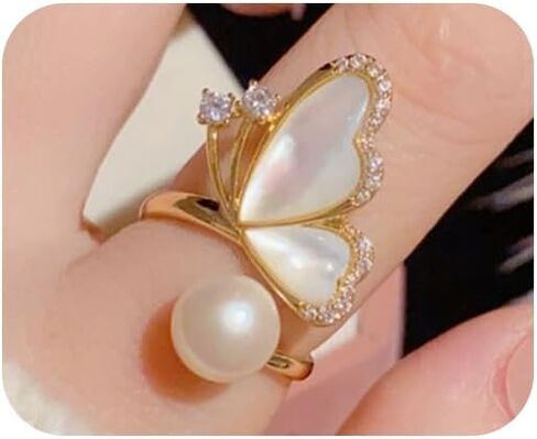 Gold Plated Rings for Women, Unique Design Band with Cubic Zirconia and Pearl, Dainty Stackable Thumb Rings Statement Adjustbale Engagement Bands for Women in Saudi Arabia