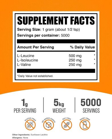 BulkSupplements.com مسحوق BCAA 2:1:1 - أحماض أمينية متفرعة السلسلة، مكمل BCAA، مسحوق الأحماض الأمينية BCAA - بدون نكهة وخالي من الغلوتين، 1000 مجم لكل وجبة، 500 جم (1.1 رطل) (عبوة من قطعة واحدة) in Kuwait