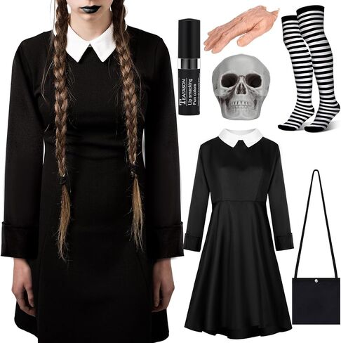 Xtinmee 6 قطع أزياء الهالوين للنساء بياقة بيضاء وأكمام طويلة فستان أسود مخطط جوارب أبيض وأسود يد مخيفة مقطوعة رأس جمجمة بشرية قديمة للديكور in Kuwait
