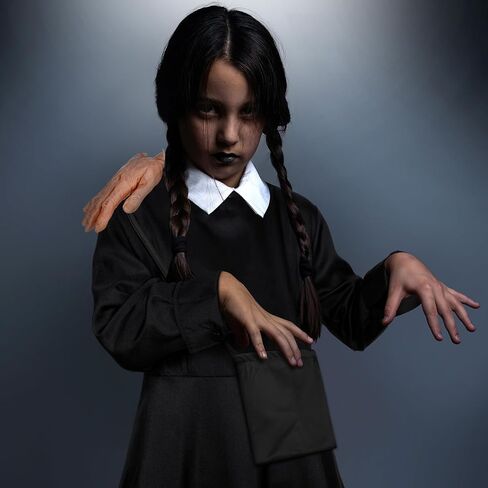 Xtinmee 6 قطع أزياء الهالوين للنساء بياقة بيضاء وأكمام طويلة فستان أسود مخطط جوارب أبيض وأسود يد مخيفة مقطوعة رأس جمجمة بشرية قديمة للديكور in Kuwait