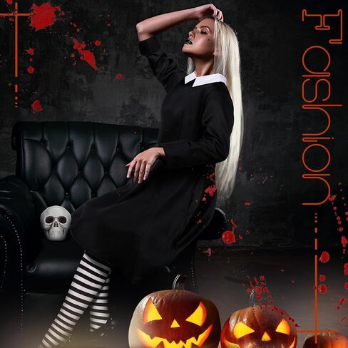 Xtinmee 6 قطع أزياء الهالوين للنساء بياقة بيضاء وأكمام طويلة فستان أسود مخطط جوارب أبيض وأسود يد مخيفة مقطوعة رأس جمجمة بشرية قديمة للديكور in Kuwait