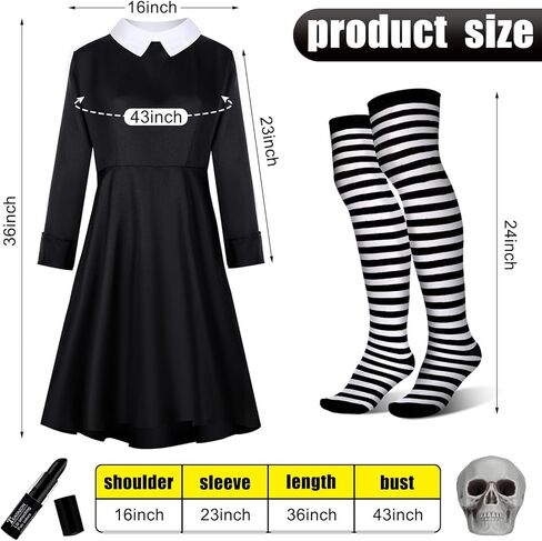 Xtinmee 6 قطع أزياء الهالوين للنساء بياقة بيضاء وأكمام طويلة فستان أسود مخطط جوارب أبيض وأسود يد مخيفة مقطوعة رأس جمجمة بشرية قديمة للديكور in Kuwait
