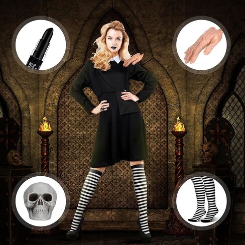 Xtinmee 6 قطع أزياء الهالوين للنساء بياقة بيضاء وأكمام طويلة فستان أسود مخطط جوارب أبيض وأسود يد مخيفة مقطوعة رأس جمجمة بشرية قديمة للديكور in Kuwait