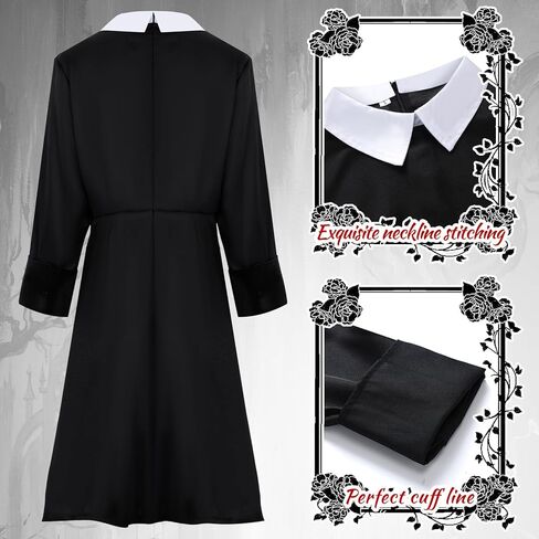 Xtinmee 6 قطع أزياء الهالوين للنساء بياقة بيضاء وأكمام طويلة فستان أسود مخطط جوارب أبيض وأسود يد مخيفة مقطوعة رأس جمجمة بشرية قديمة للديكور in Kuwait