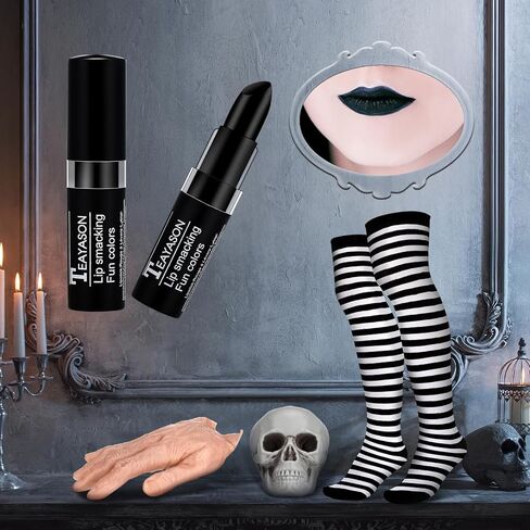 Xtinmee 6 قطع أزياء الهالوين للنساء بياقة بيضاء وأكمام طويلة فستان أسود مخطط جوارب أبيض وأسود يد مخيفة مقطوعة رأس جمجمة بشرية قديمة للديكور in Kuwait