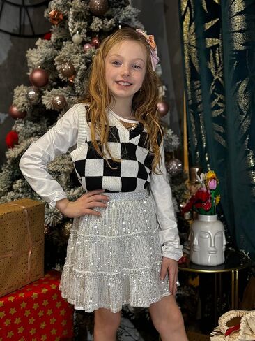 Rolanko Girls Sequin Skirt Kids Elastic Waist A-Line Sparkly Ruffle Skirt with Lining for Party Dance in Kuwait