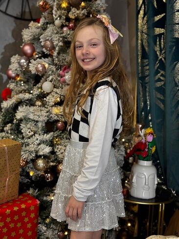 Rolanko Girls Sequin Skirt Kids Elastic Waist A-Line Sparkly Ruffle Skirt with Lining for Party Dance in Kuwait