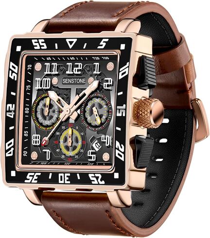 Square Watch for Men with Leather Strap Multifunction Chronograph Dial Analog Quartz Wristwatch Business Dress Watch with Luminous Waterproof Calendar in Saudi Arabia