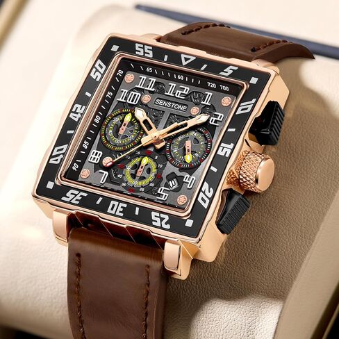 Square Watch for Men with Leather Strap Multifunction Chronograph Dial Analog Quartz Wristwatch Business Dress Watch with Luminous Waterproof Calendar in Saudi Arabia