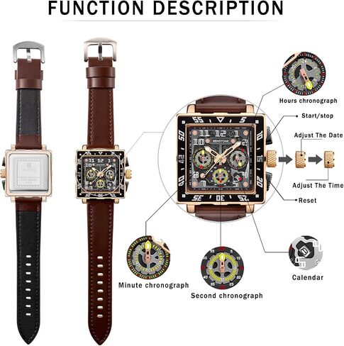 Square Watch for Men with Leather Strap Multifunction Chronograph Dial Analog Quartz Wristwatch Business Dress Watch with Luminous Waterproof Calendar in Saudi Arabia