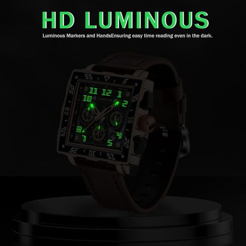 Square Watch for Men with Leather Strap Multifunction Chronograph Dial Analog Quartz Wristwatch Business Dress Watch with Luminous Waterproof Calendar in Saudi Arabia