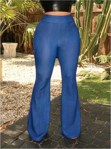 MakeMeChic Women's Elastic High Waist Flared Denim Pants Flared Jeans Bell Bottom in Saudi Arabia