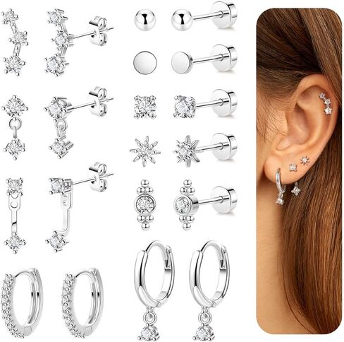 10Pairs 20G 14K Gold Plated FlatBack Earrings for Multiple Piercing Hypoallergenic Cartilage Earrings Set Tiny CZ Dainty Earring Lobe Helix Flat back Stud Earring for Women in Saudi Arabia