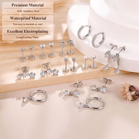 10Pairs 20G 14K Gold Plated FlatBack Earrings for Multiple Piercing Hypoallergenic Cartilage Earrings Set Tiny CZ Dainty Earring Lobe Helix Flat back Stud Earring for Women in Saudi Arabia