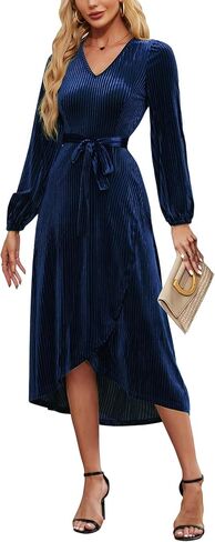 Women's Velvet V Neck Puff Sleeve Dress for Wedding Guest Cocktail Elegant Bodycon Party Midi Dress in Kuwait